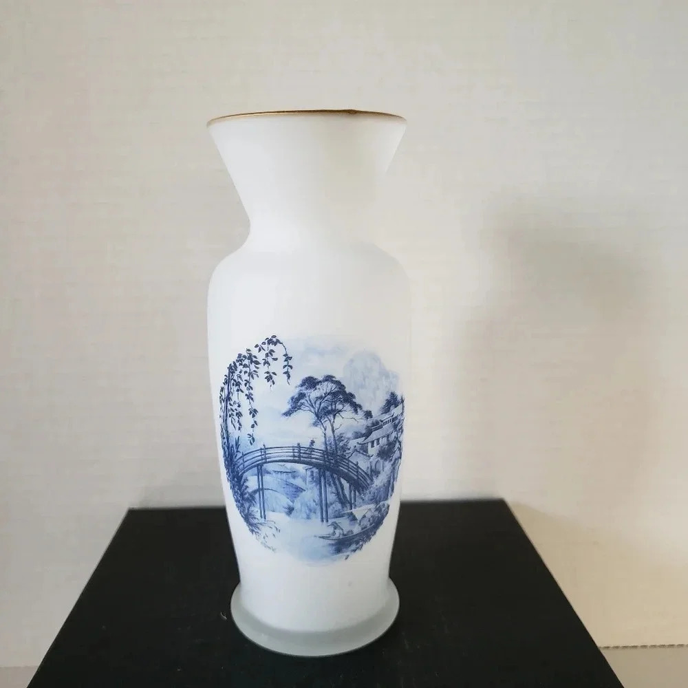 Vintage Satin Glass Small Bud Vase with Blue Asian Country Scene.